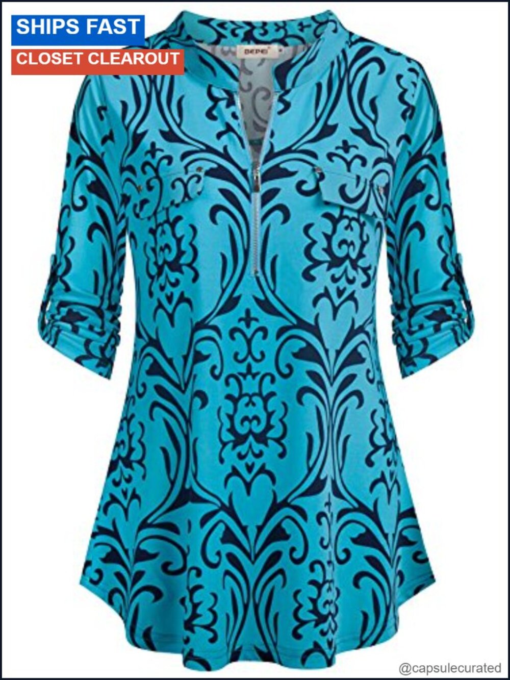 Women's Floral 3/4 Sleeve Zip Up V Neck Office Blouse Top